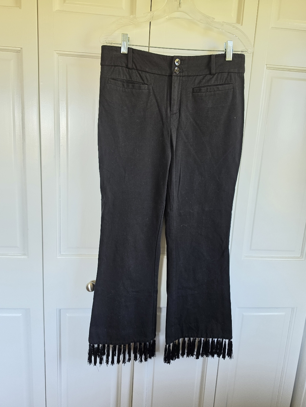 Anthropologie The Essential Crop Flare Black Fringe Hem Trousers Size 8